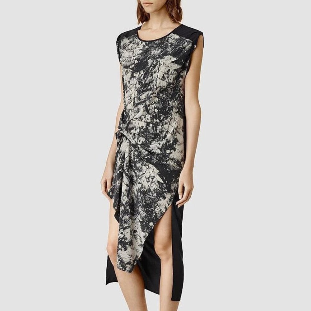 AllSaints Black and Cream Asymmetrical Tie-Front Dress